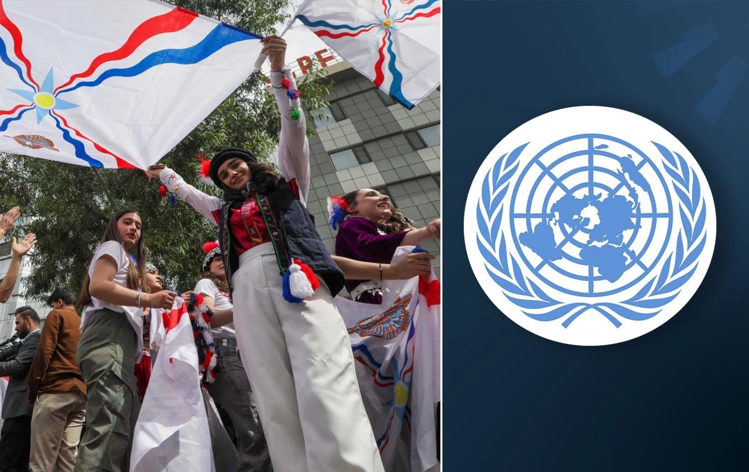 Assyrian Christians celebrating Akitu in Duhok on April 1, 2025 (left) and UNAMI flag (right). Graphic: Rudaw