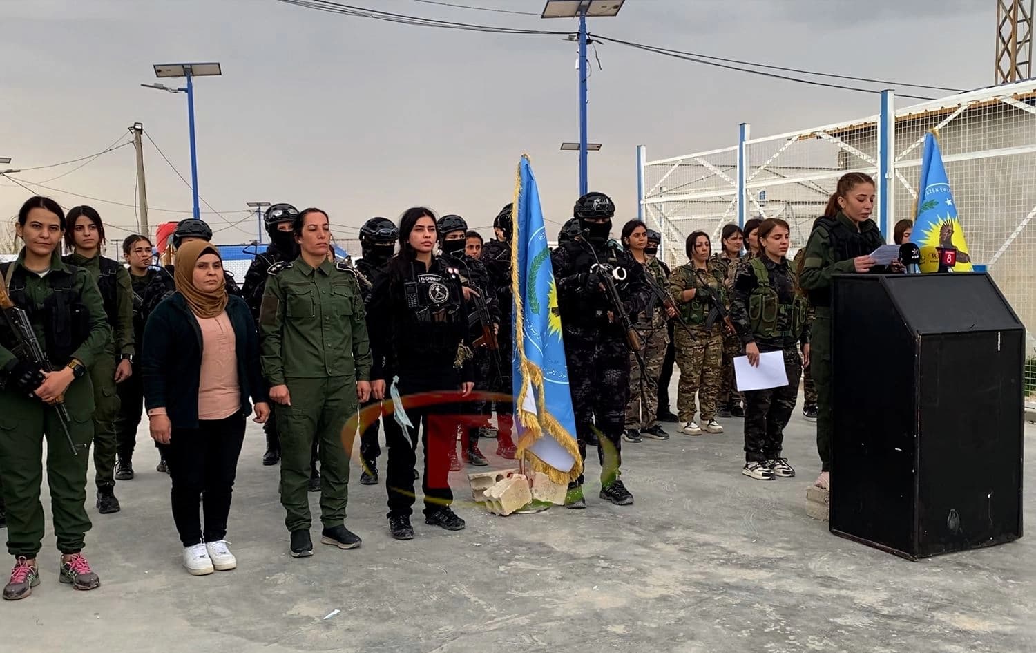 Women-led security forces in northeast Syria (Rojava) announcing an operation against Islamic State (ISIS) cells in Roj camp on April 5, 2025. Photo: Ronahi TV