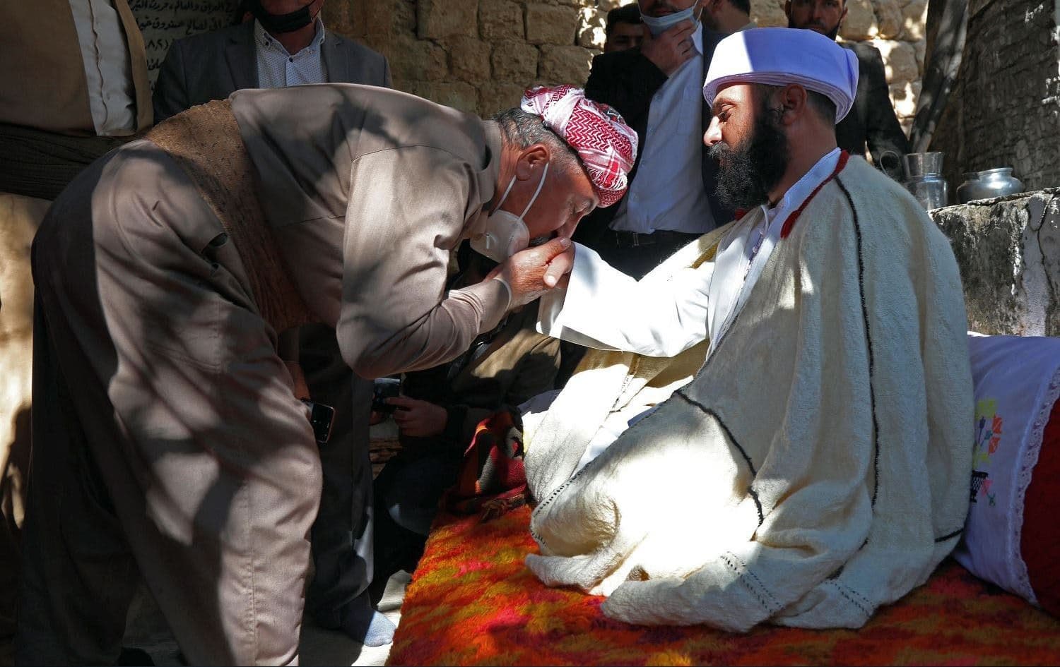 Baba Sheikh Ali Alyas (R) during his inauguration ceremony at the Lalish temple on November 18, 2020. Photo: Safin Hamed/AFP