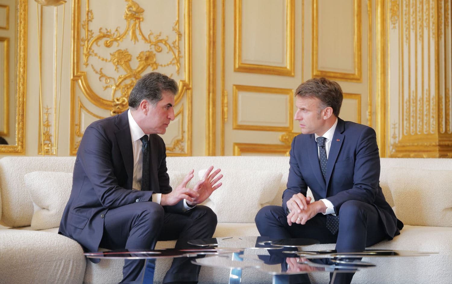 Kurdistan Region President Nechirvan Barzani (left) meets with French President Emmanuel Macron at the Elysee Palace in Paris on April 14, 2025. Photo: Kurdistan Region Presidency