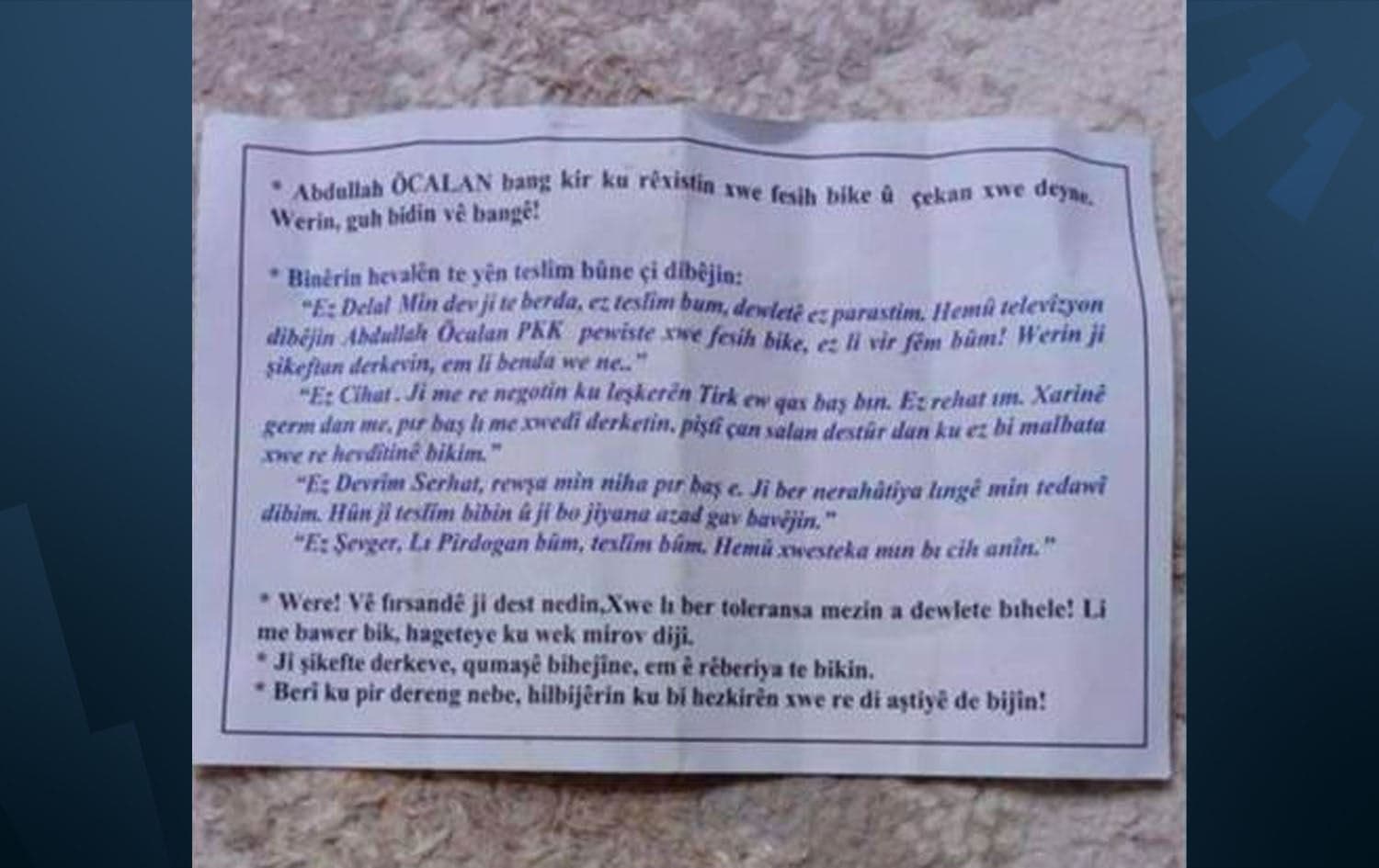 A photograph of a leaflet reportedly dropped by Turkish planes in Sulaimani province calling on PKK fighters to surrender. Photo: submitted