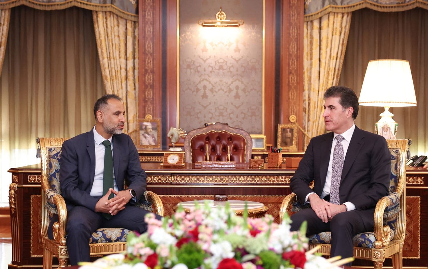 The United Kingdom’s newly-appointed ambassador to Iraq, Irfan Siddiq (left) meets Kurdistan Region President Nechirvan Barzani (right) in Erbil on April 22, 2025. Photo: Kurdistan Region Presidency