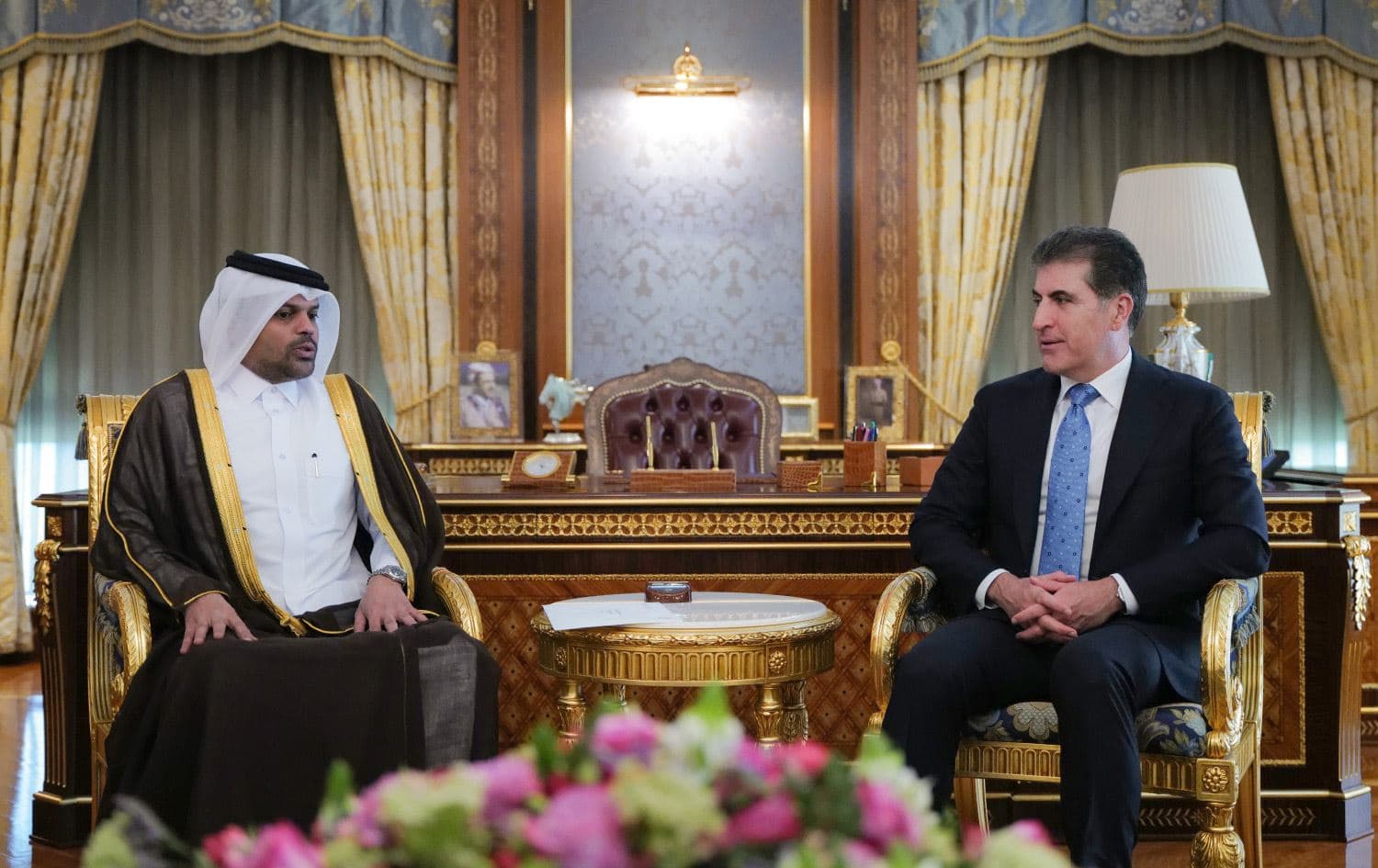 Kurdistan Region President Nechirvan Barzani (right) and Qatari Consul General to Erbil Hussein Ali Saleh al-Fazala (left) meeting in Erbil on May 7, 2025. Photo: Kurdistan Region Presidency