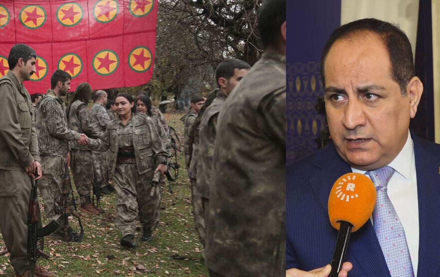 PKK fighters (left) and Basim al-Awadi, Iraqi government spokesperson, speaking to Rudaw on May 16, 2025. Photos: ANF/Rudaw