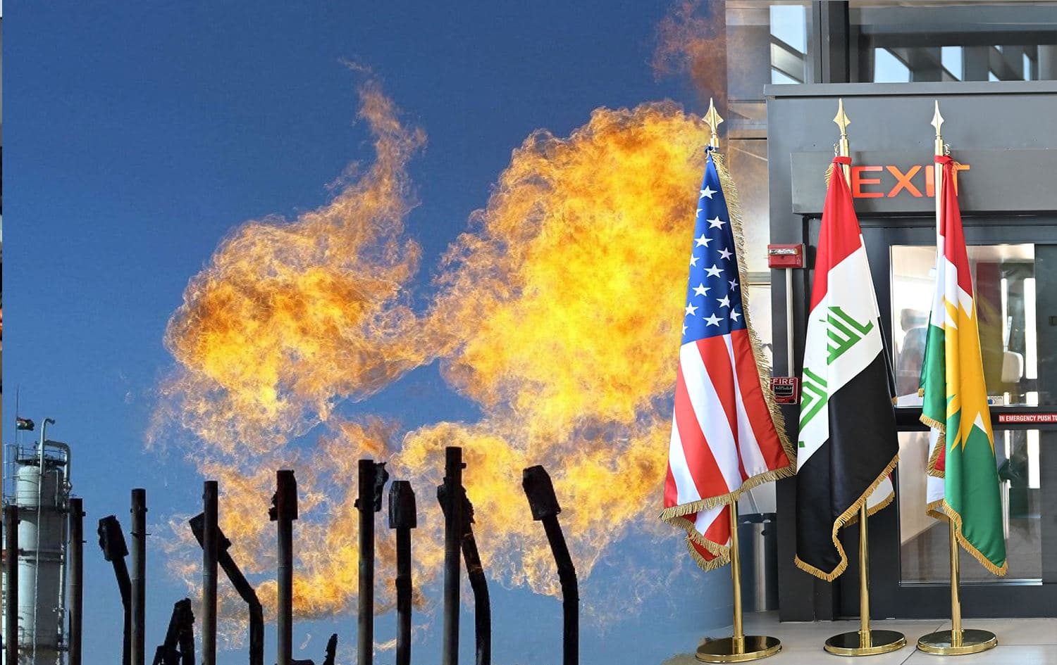 An oil field in Kurdistan Region (left) and flags of Iraq, Kurdistan and US. Graphic: Rudaw