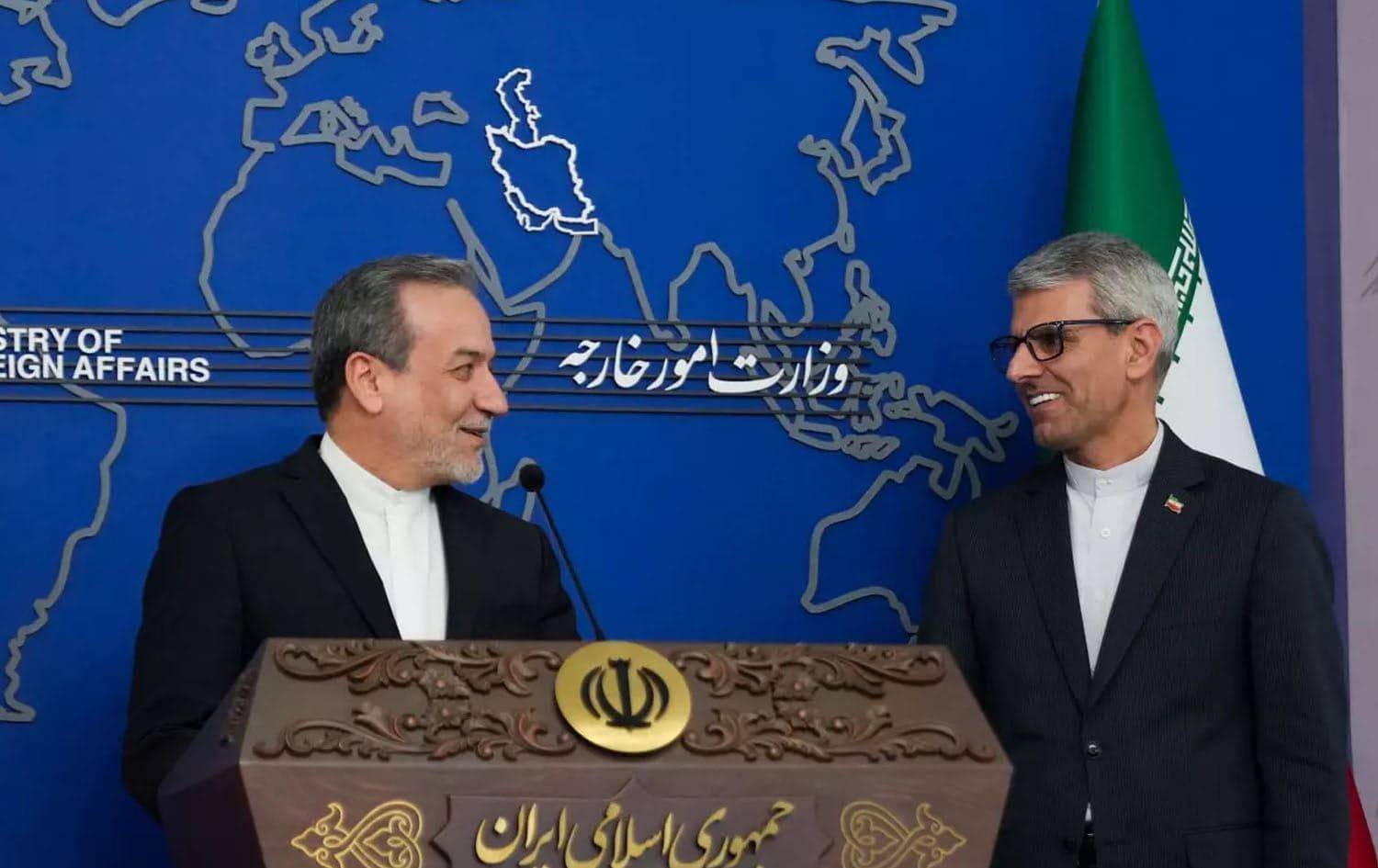 Iranian Foreign Minister Abbas Araghchi (left) and ministry spokesperson Esmail Baghaei (right) in a joint presser. Photo: Iranian foreign ministry