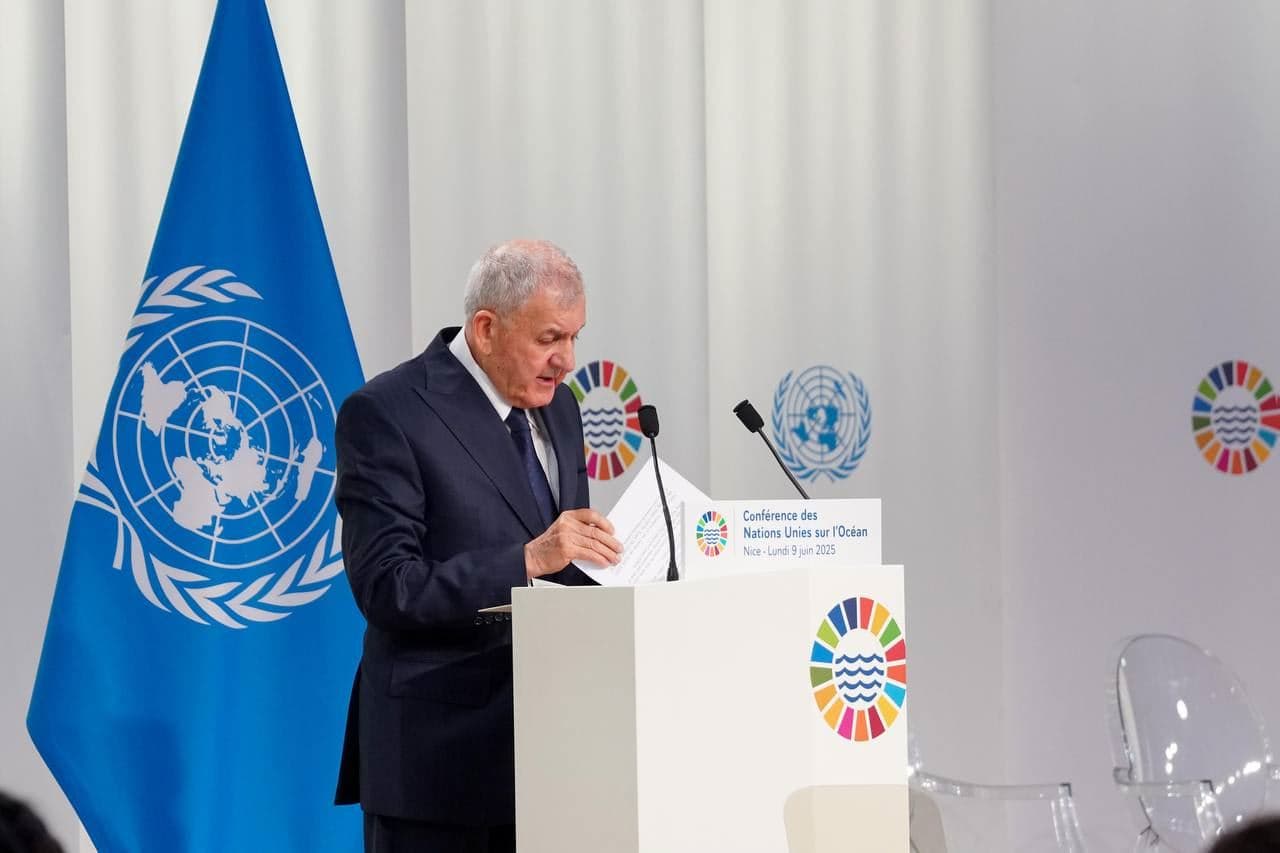 Iraqi President Abdul Latif Rashid speaking at World Delta Summit in France on June 9, 2025. Photo: Iraqi presidency.