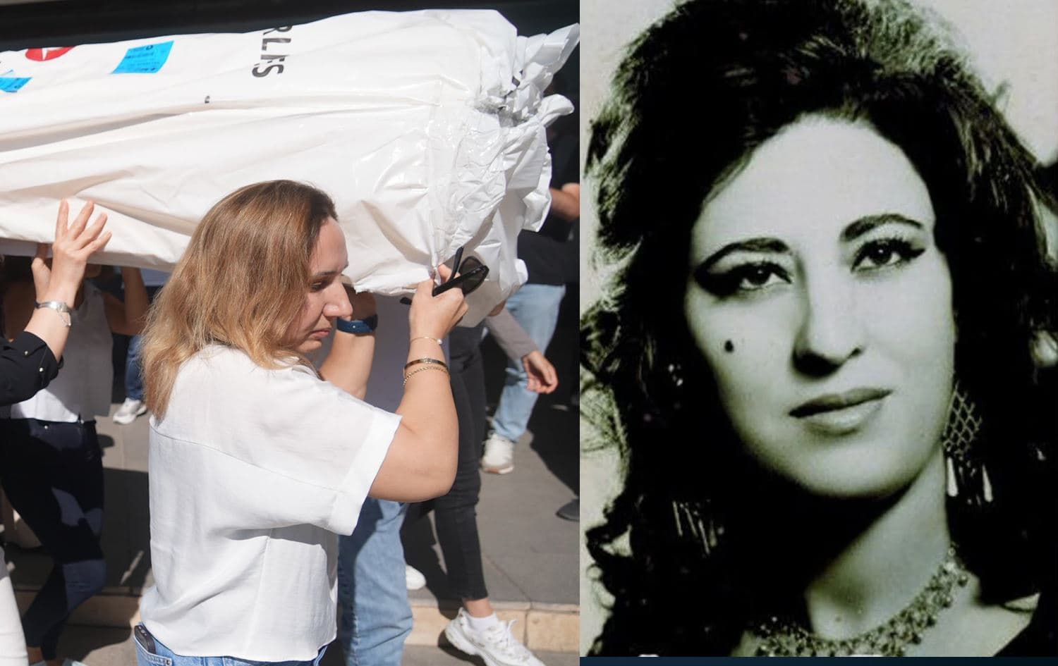 People carrying body of Ayse San in Diyarbakir on June 18, 2025 (left) and a file photo of the singer (right). Graphic: Rudaw