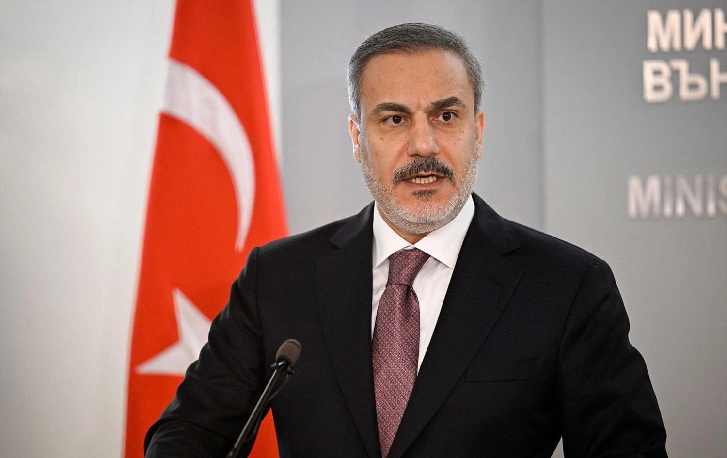 Turkish Minister of Foreign Affairs Hakan Fidan addresses media during a joint news conference with Bulgarian deputy Prime Minister and Minister of Foreign affairs in Sofia on January 30, 2024.Photo: Nikolay Doychinov/AFP