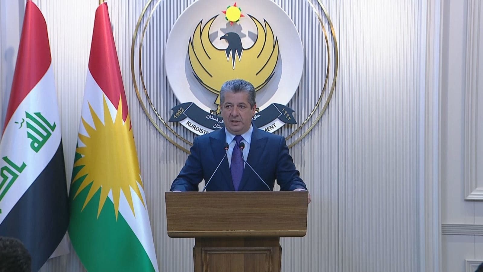 Kurdistan Region Prime Minister Masrour Barzani speaks to reporters on June 25, 2025. Photo: Screengrab/Rudaw