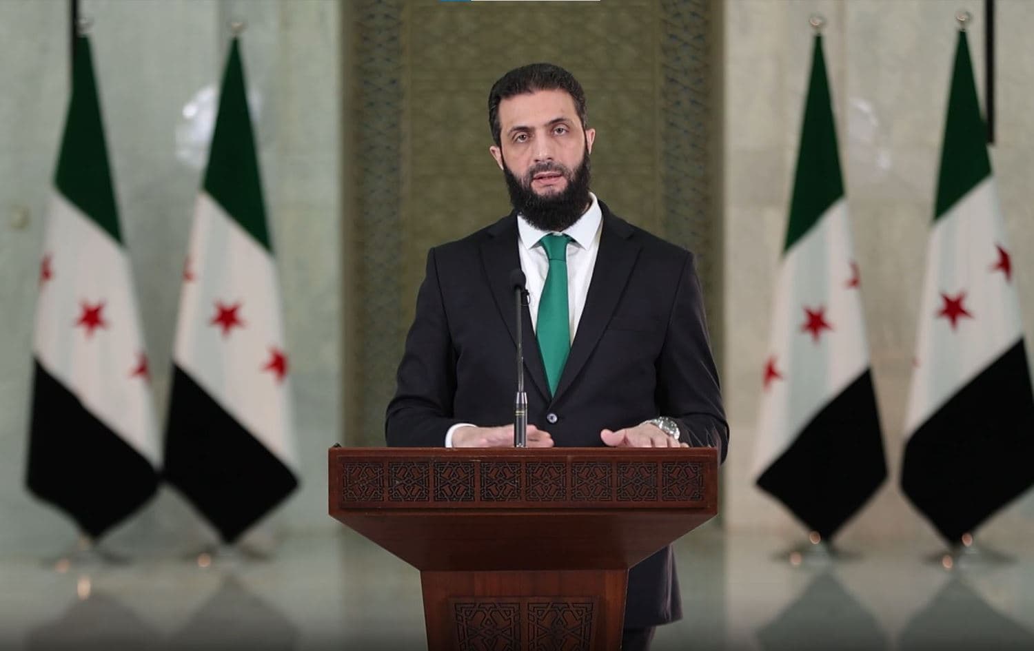 Syrian leader Ahmed al-Sharaa delivering a speech on January 30, 2025. Photo: Syrian government/screenshot