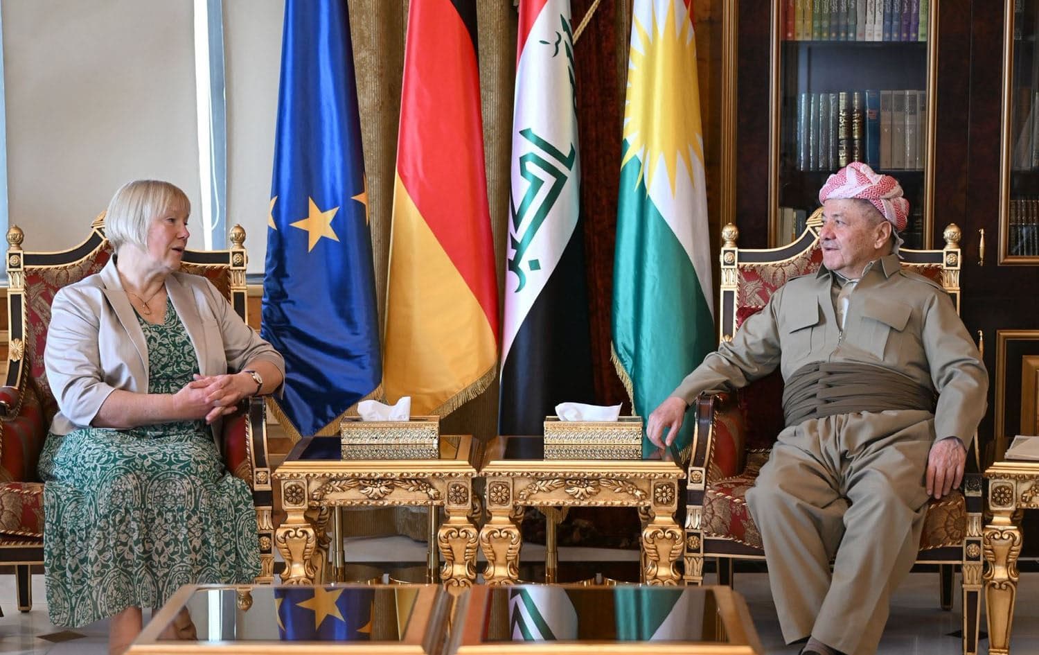 Kurdistan Democratic Party (KDP) leader Masoud Barzani meets German Ambassador to Iraq Christiane Hohmann on August 4, 2025. Photo: Barzani headquarters/Facebook