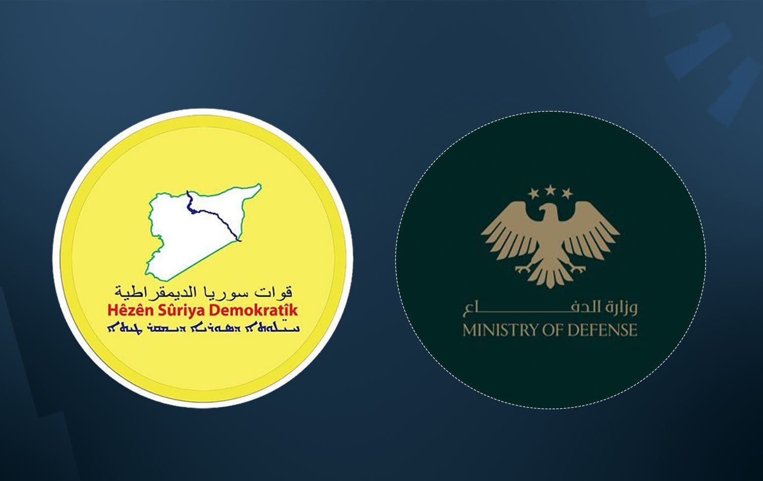 Kurdish-led Syrian Democratic Forces (SDF) logo (left) and of the Syrian defense ministry logo (right). Graphic: Rudaw