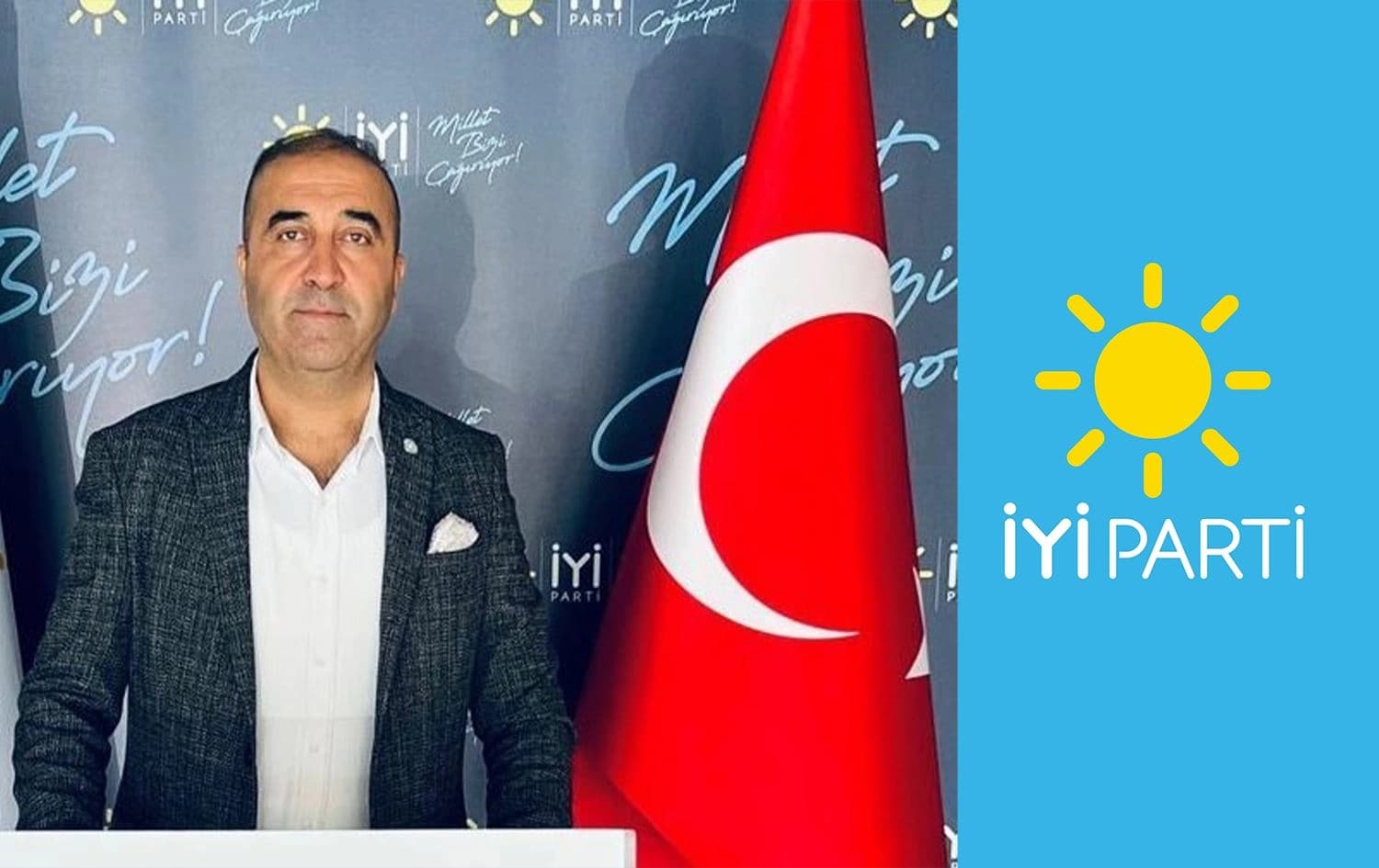 لۆگۆی ئیی پارتی و وێنەی سولەیمان ئاکار، سەرۆکی رێکخستنەکانی ئیی پارتی لە مێردینی باکووری کوردستان