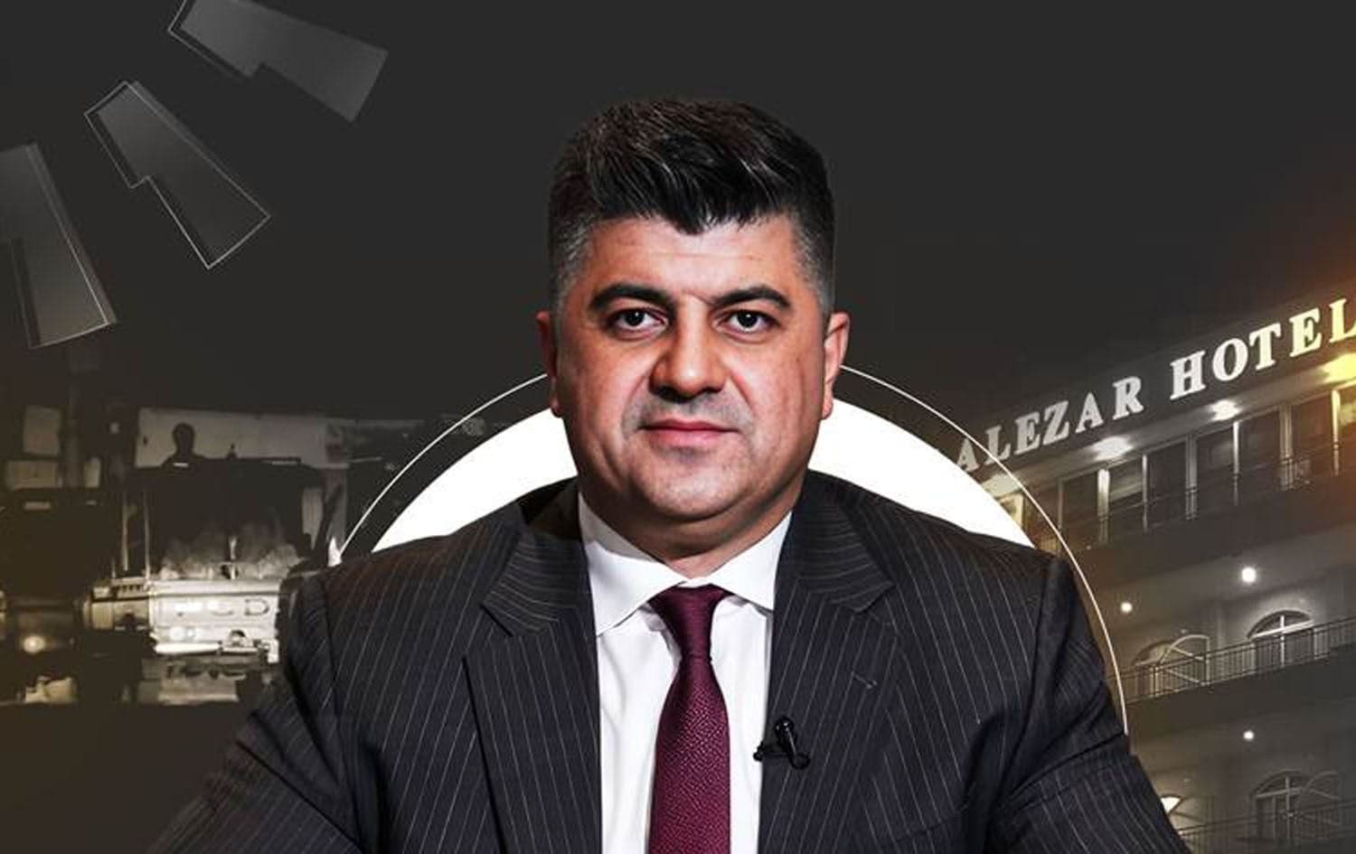 A photograph of Lahur Talabany over an image of the hotel where he was arrested after clashes on August 22, 2025. Graphic: Rudaw