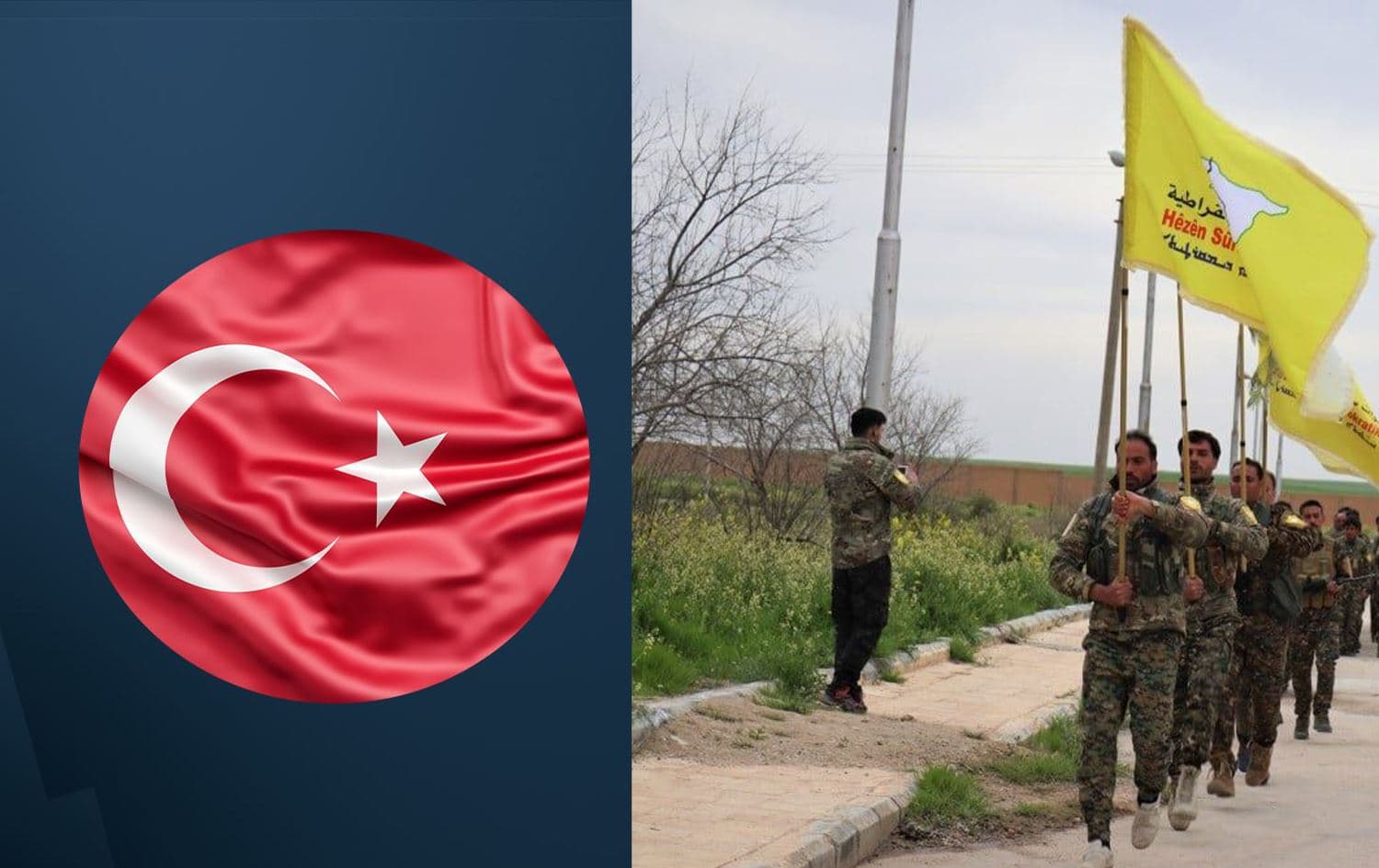 Turkish flag (left) and SDF fighters (right). Graphic: Rudaw