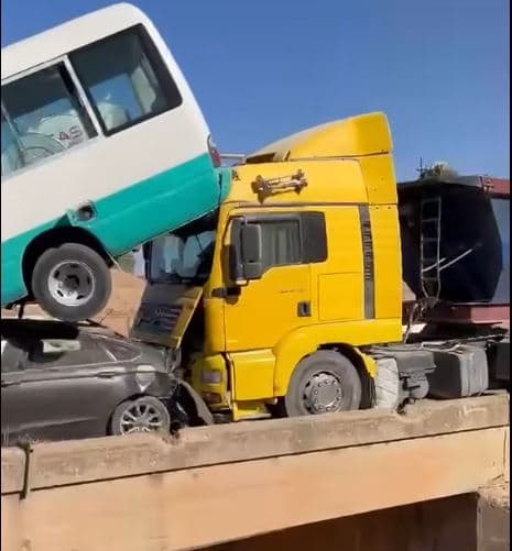 Photo shows aftermath of a traffic collision on the Sulaimani-Chamchamal road on Sunday, October 5, 2025. Photo: Submitted to Rudaw