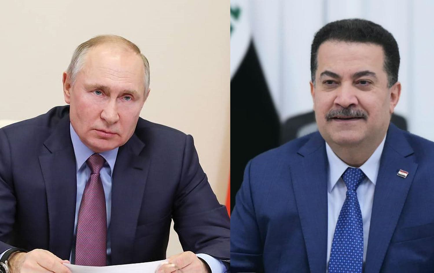 Iraqi Prime Minister Mohammed Shia’ al-Sudani (right) and Russian President Vladimir Putin (left). Graphic: Rudaw