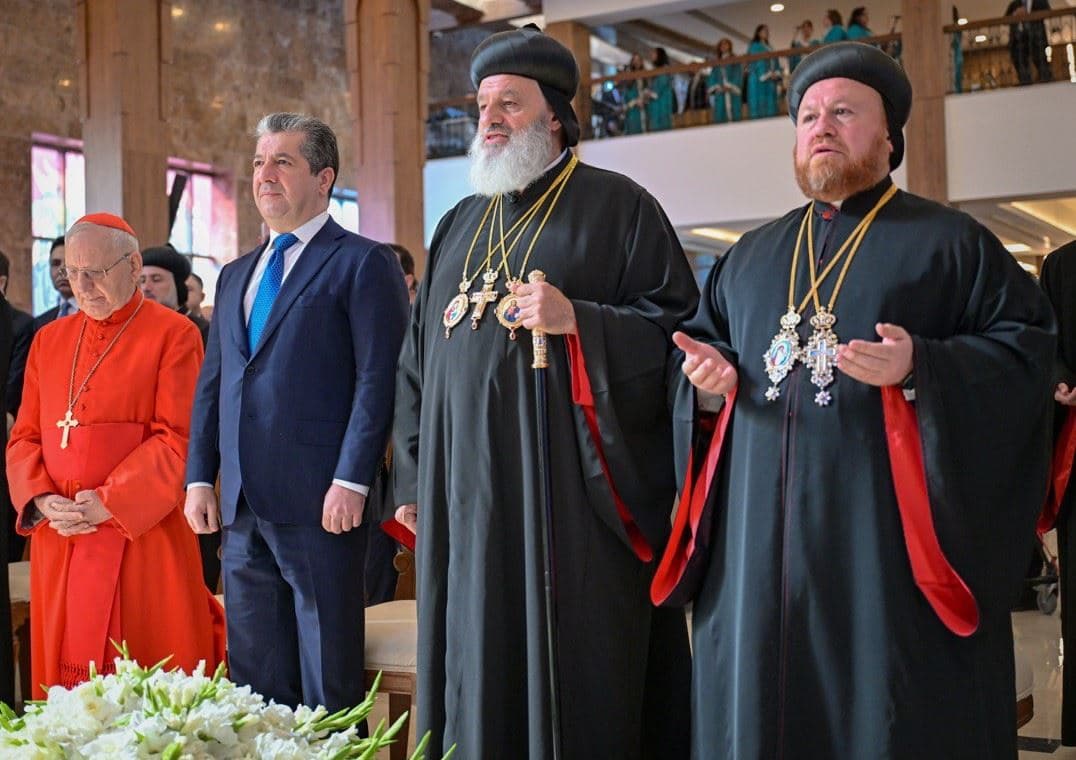 Left to right: Cardinal Louis Raphael Sako, Patriarch of the Chaldean Catholic Church in Iraq and the World, Kurdistan Region Prime Minister Masrour Barazani, Ignatius Aphrem II, the Syriac Orthodox Patriarch of Antioch and All the East, and Mor Nicodemus Daoud Matti Sharaf, the Syriac Orthodox Archbishop of Mosul, pictured at the Um al-Nour church inauguration in Erbil on October 12, 2025. Photo: KRG