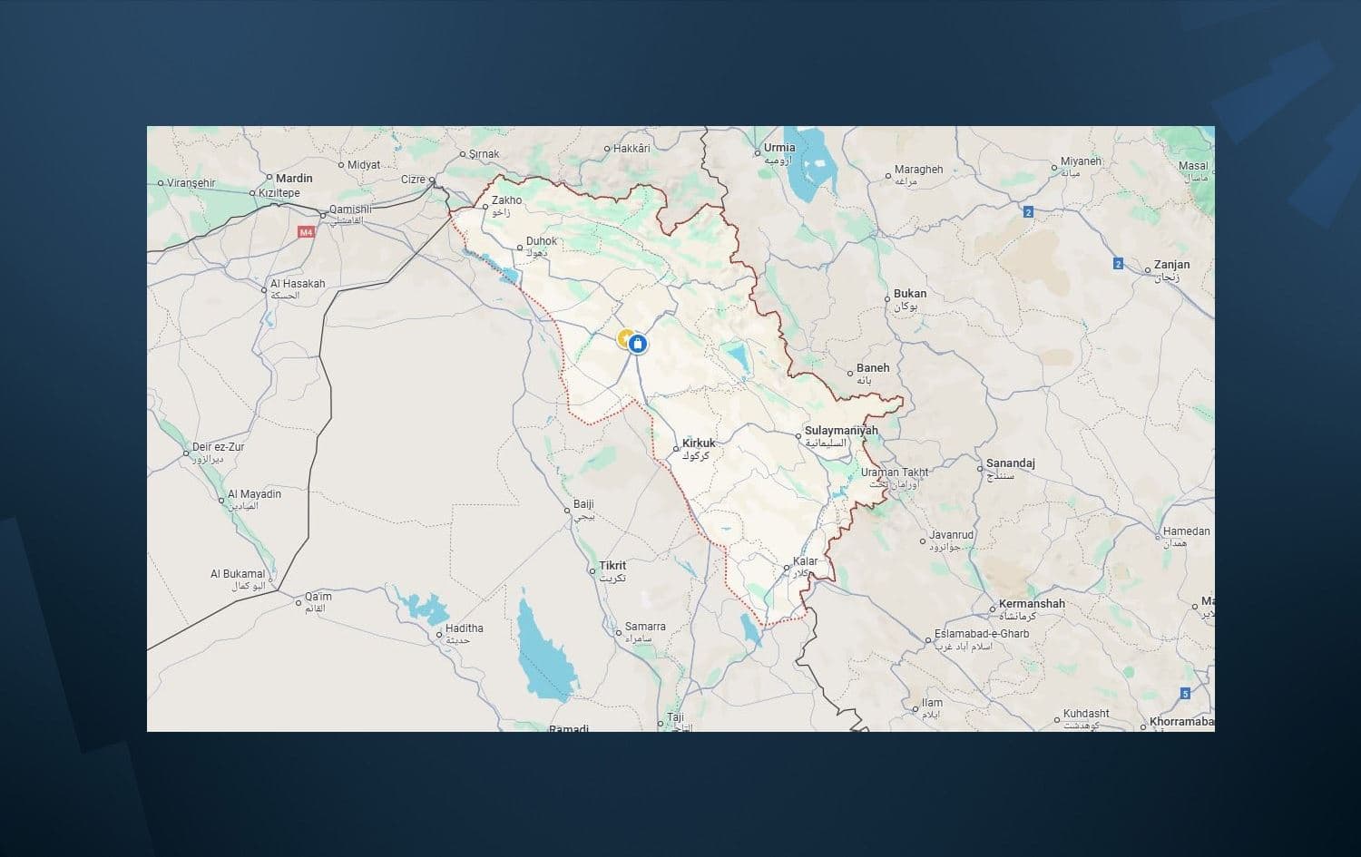 نەخشەی هەرێمی کوردستان و ناوچە جێناکۆکەکان لە گووگڵ ماپس