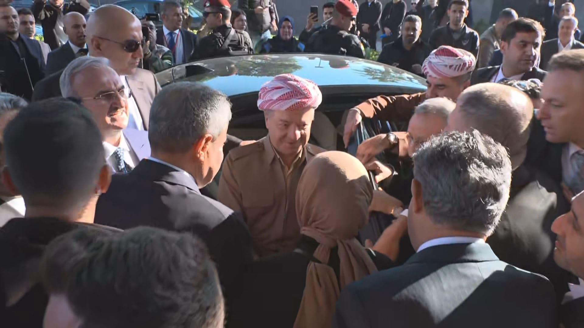 The arrival of President Masoud Barzani in Cizir district, Sirnak province, southeastern Turkey, to attend the IV International Melaye Ciziri Symposium. Photo: Rudaw/screengrab