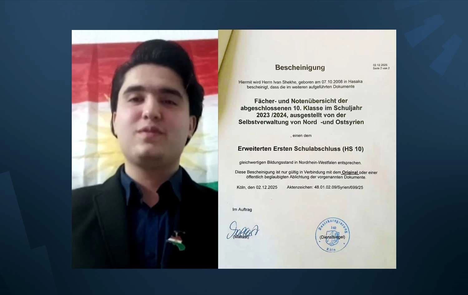 Ivan Sheikhi, along with his certificate, speaking to Rudaw on December 15, 2025. Photo: Screengrab/Rudaw.
