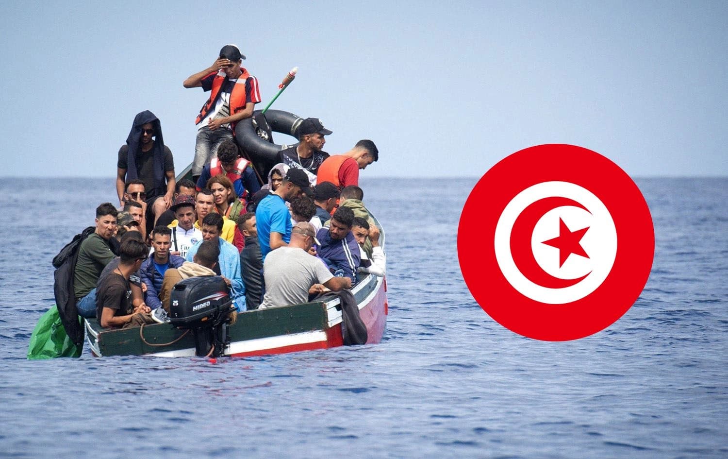 An AFP file photo showing a boat carrying migrants standed in the Starit of Gibraltar before rescue by Spanish coast guards, and Tunisian flag. Graphic: Rudaw
