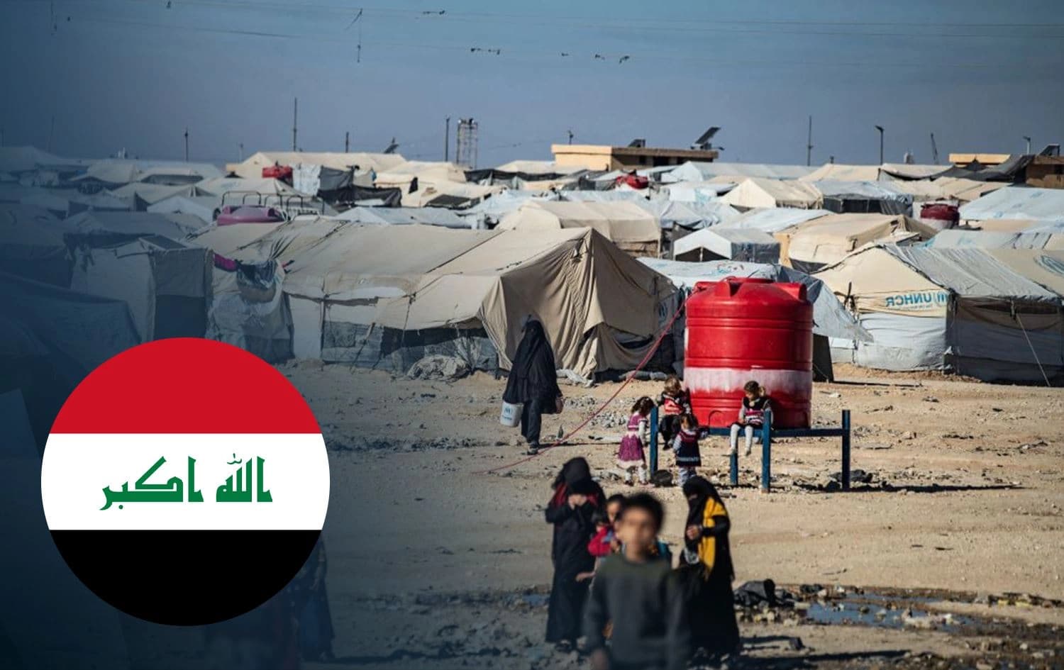 Iraqi flag and an AFP file photo of al-Hol camp in Rojava. Graphic: Rudaw
