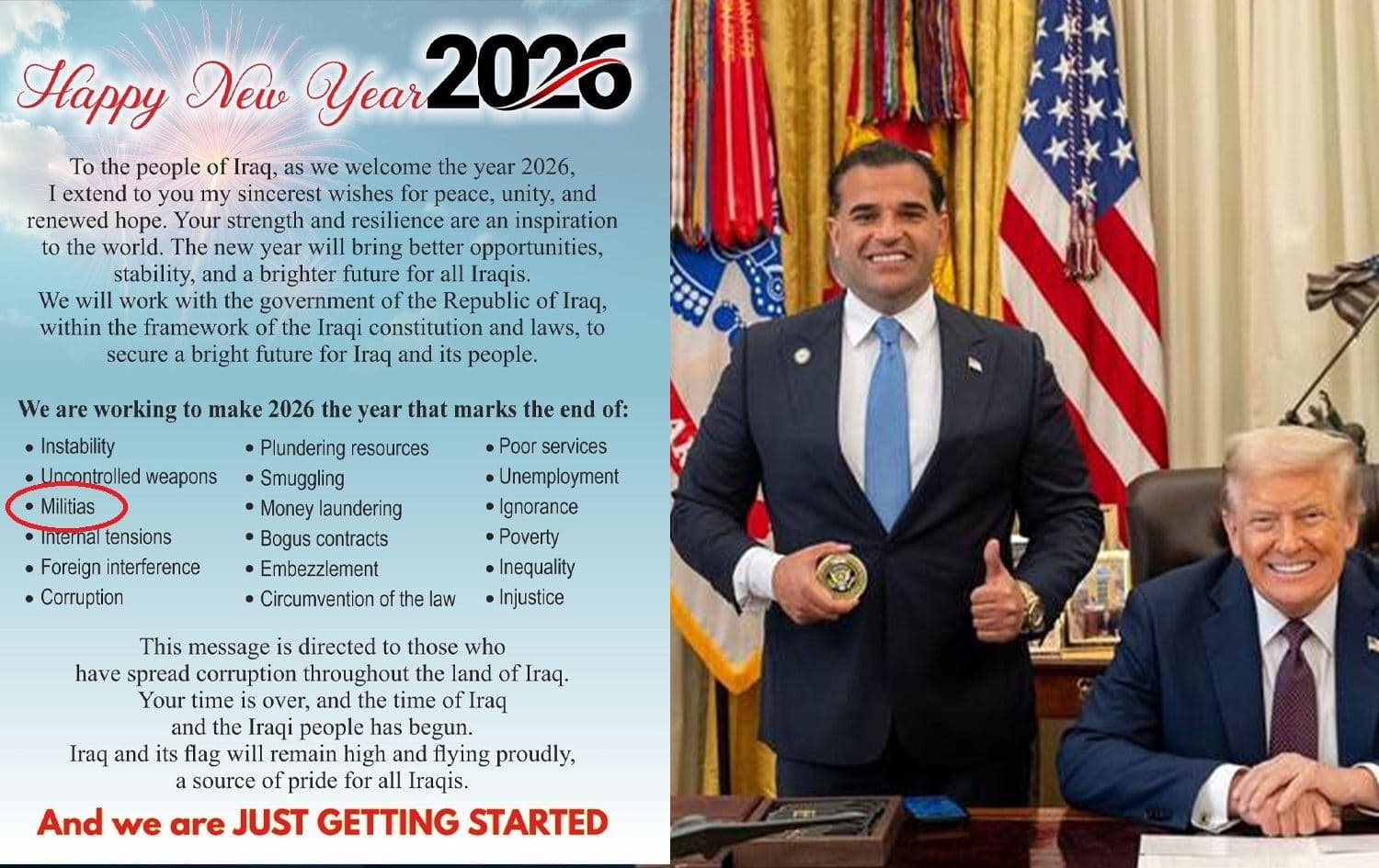 US Special Envoy for Iraq Mark Savaya's New Year message and one of his file photos with President Trump. Graphic: Rudaw