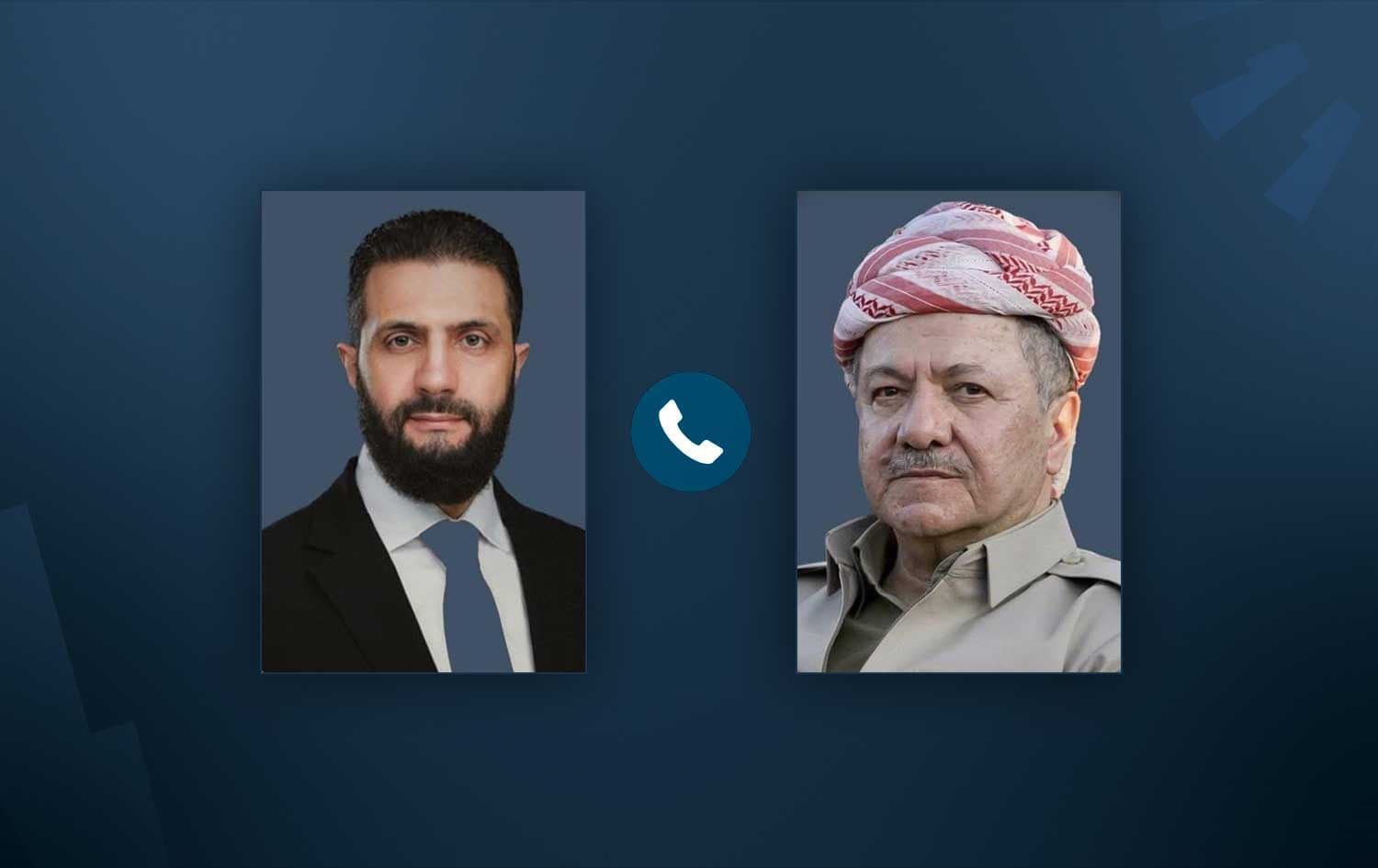 President Masoud Barzani (right), leader of the Kurdistan democratic Party (KDP), and Syrian interim President Ahmed al-Sharaa. Graphic: Rudaw