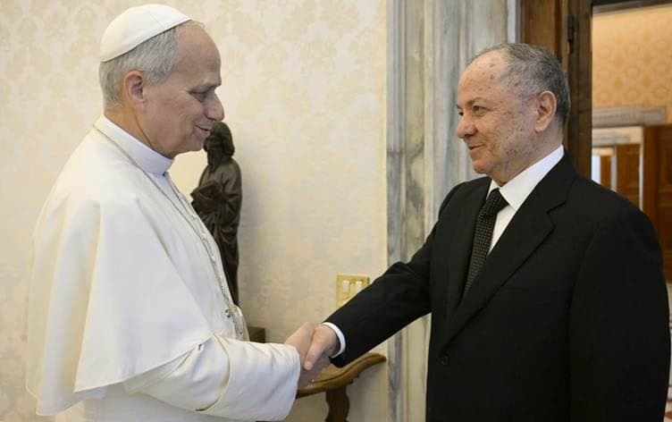 President Masoud Barzani (right) shaking hands with Pope Leo XIV at the Vatican on Wednesday. Photo: Rudaw