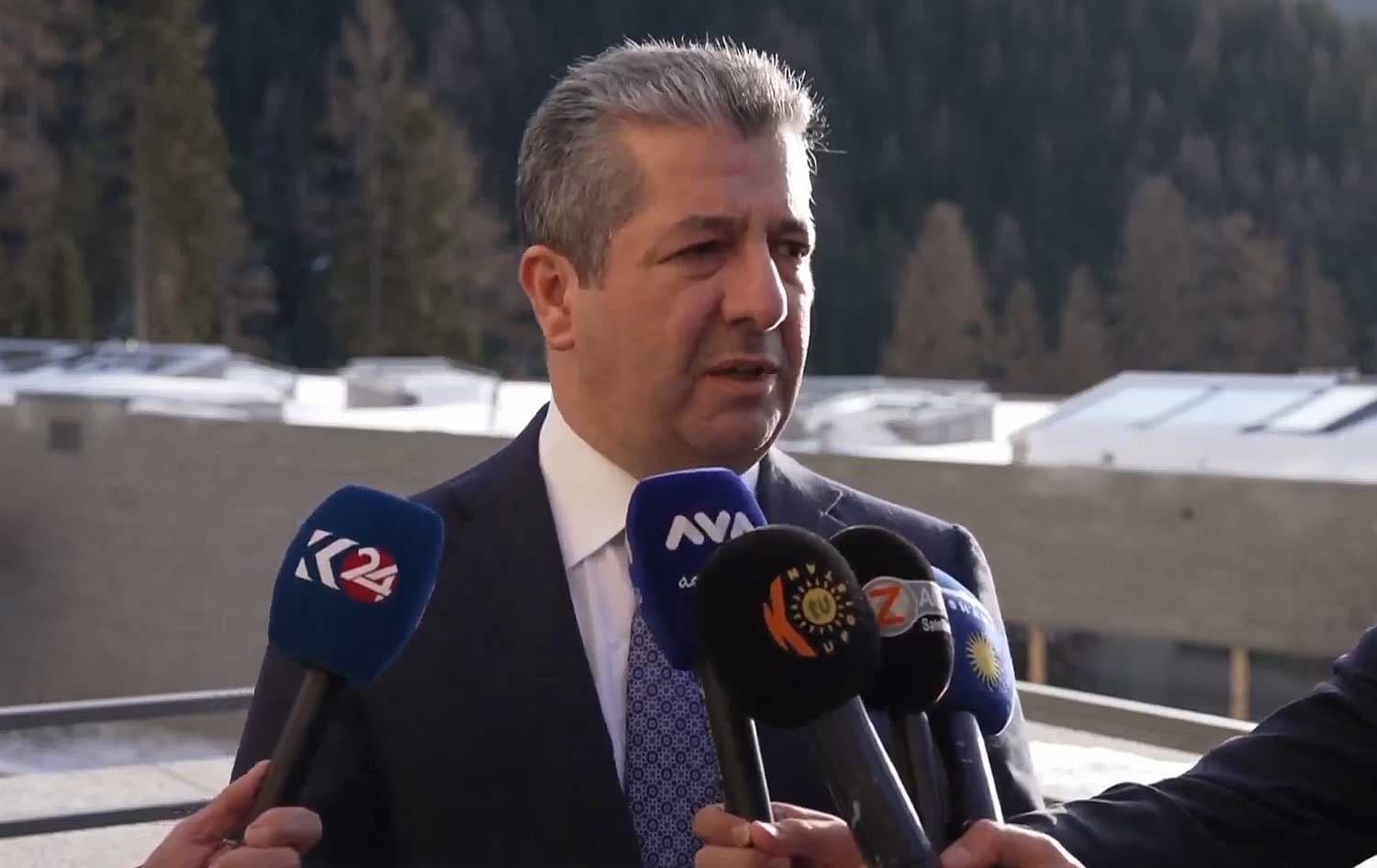 Masrour Barzani, Kurdistan Region Prime Minister, speaks to reporters in Davos on January 22, 2026. Photo: Screengrab/KRG