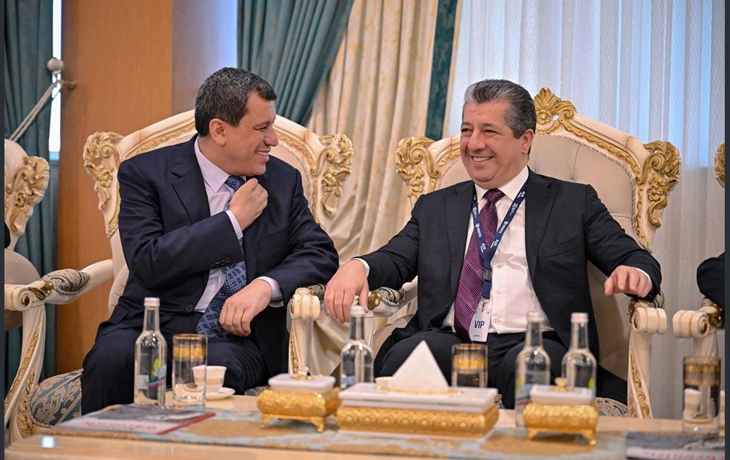 Kurdish-led Syrian Democratic Forces (SDF) chief Mazloum Abdi (left) and Kurdistan Region Prime Minister Masrour Barzani (right) pictured during a meeting in the Region's northern Duhok province on November 19, 2025. Photo: KRG