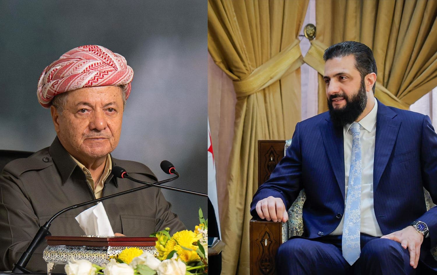 President Masoud Barzani and Syrian president Ahmed al-Sharaa. Photos: Offices of Barzani and Sharaa. Graphic: Rudaw