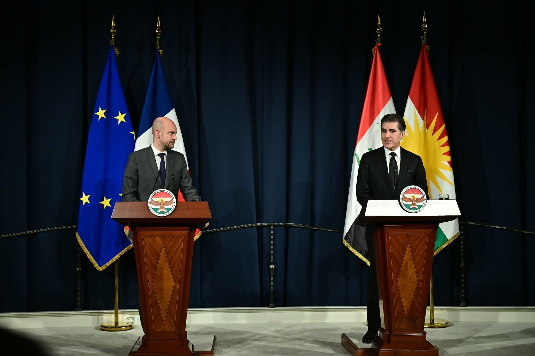 French Foreign Minister Jean-Noel Barrot's joint press conference with Kurdistan Region President Nechirvan Barzani in Erbil on February 5, 2026. Photo: Rudaw