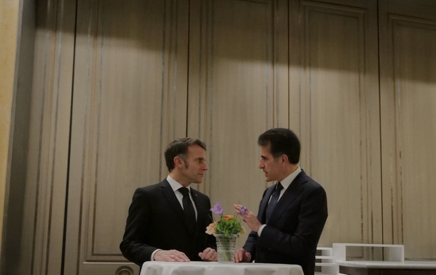 Kurdistan Region President Nechirvan Barzani (right) and French President Emmanuel Macron (left) meeting on the sidelines of the Munich Security Conference on February 13, 2026. Photo: Kurdistan Region Presidency