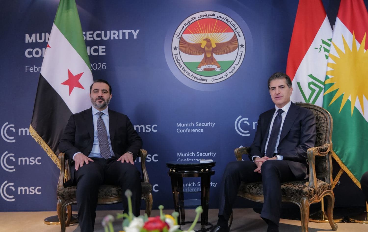 Kurdistan Region President Nechirvan Barzani (right) meets with Syrian interim Foreign Minister Asaad al-Shaibani on the sidelines of the Munich security conference on February 14, 2026. Photo: Kurdistan Region Presidency
