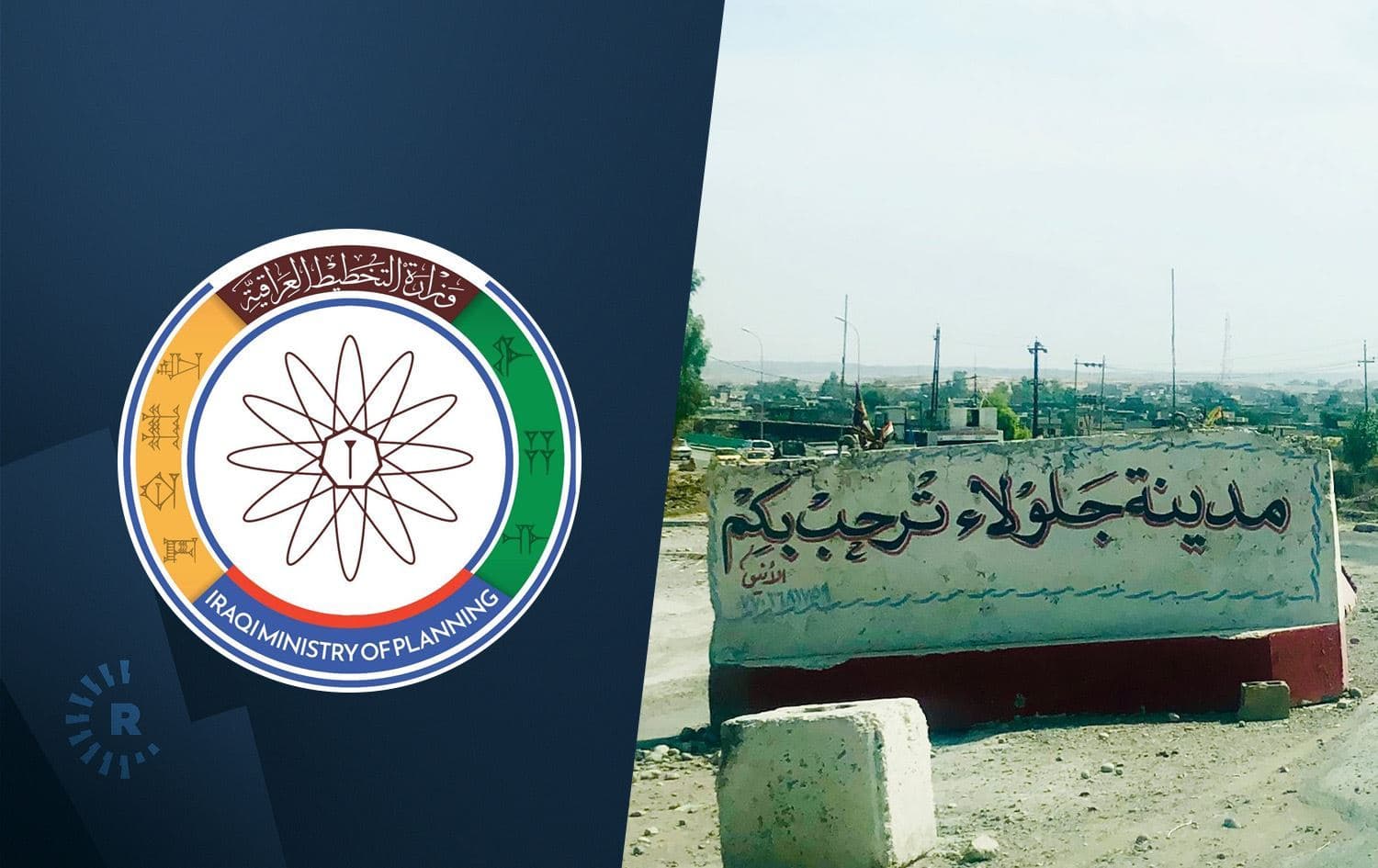 The logo of the Iraqi Ministry of Planning and a roadside sign welcoming visitors to Jalawla. Graphic: Rudaw