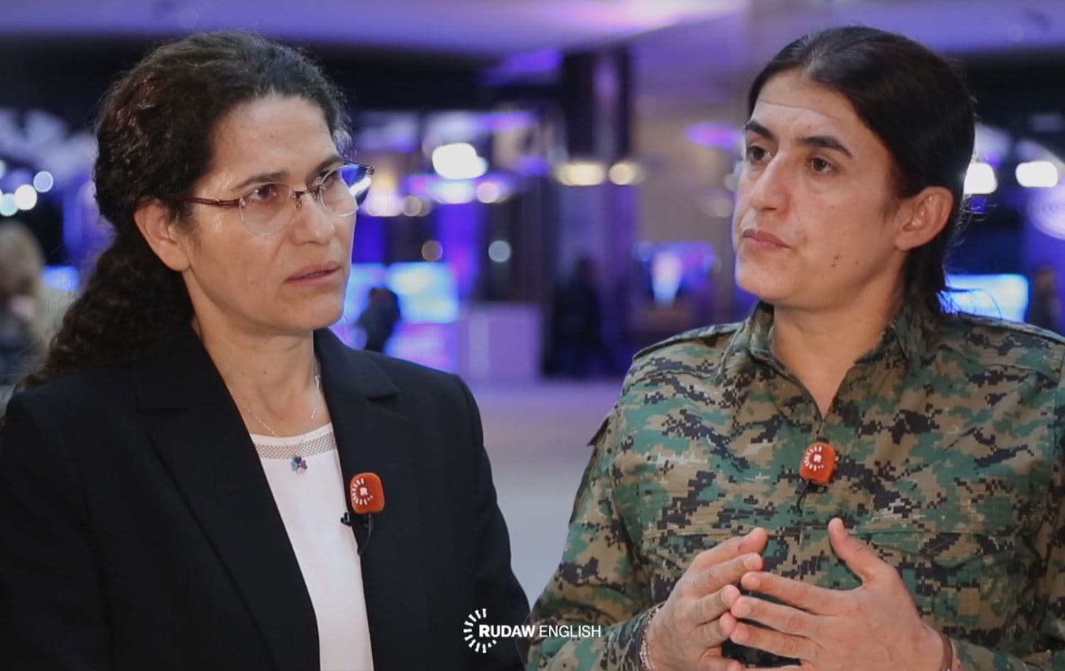 Ilham Ahmad (left), co-chair of the foreign relations office , and Rohilat Afrin, commander-in-chief of the Women's Protection Units (YPJ), speak to Rudaw in Brussels on February 25, 2026. Photo: Screengrab/ Rudaw