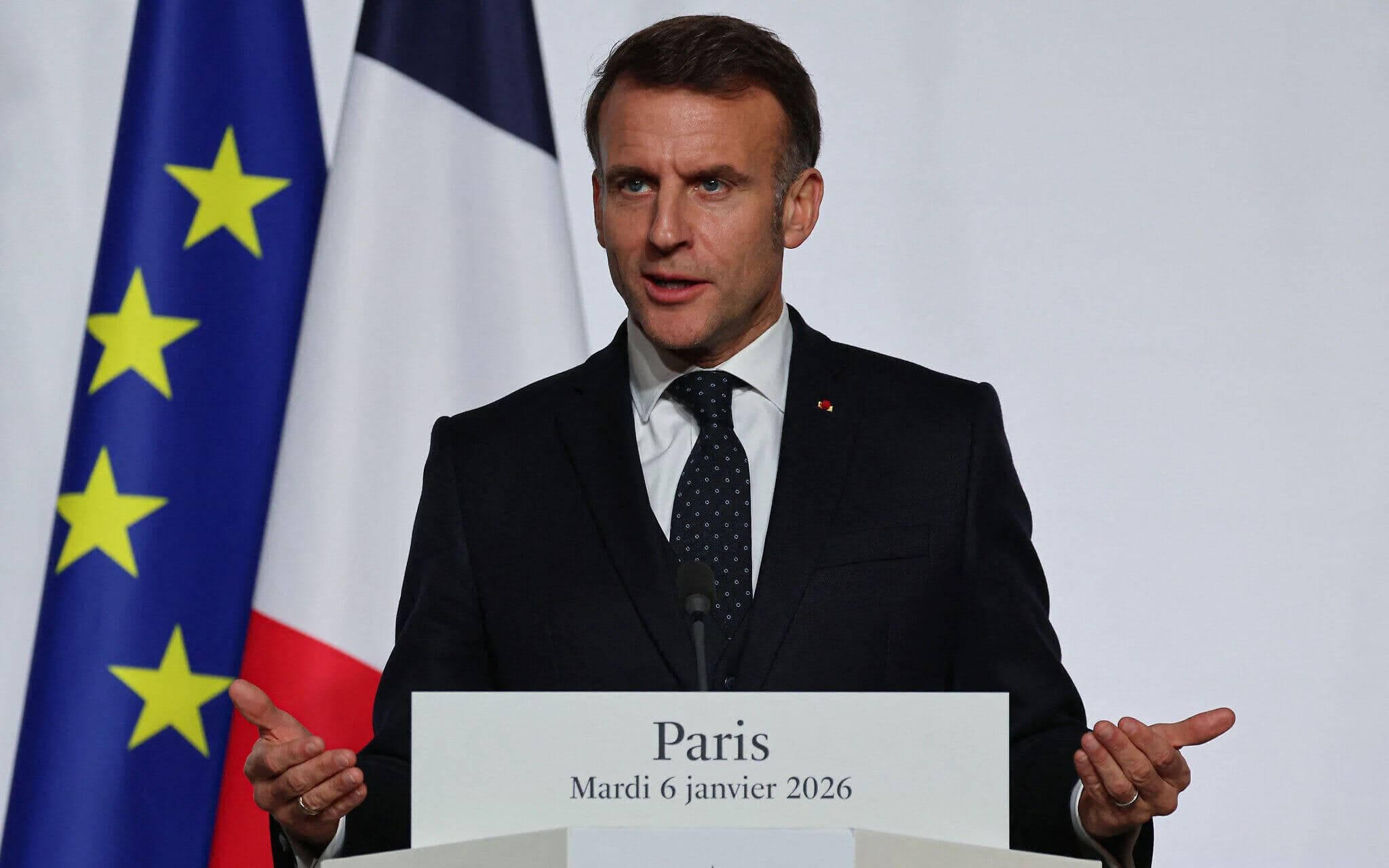 French President Emmanuel Macron delivers a press conference at the Elysee Palace in Paris on January 6, 2026. Photo: AFP