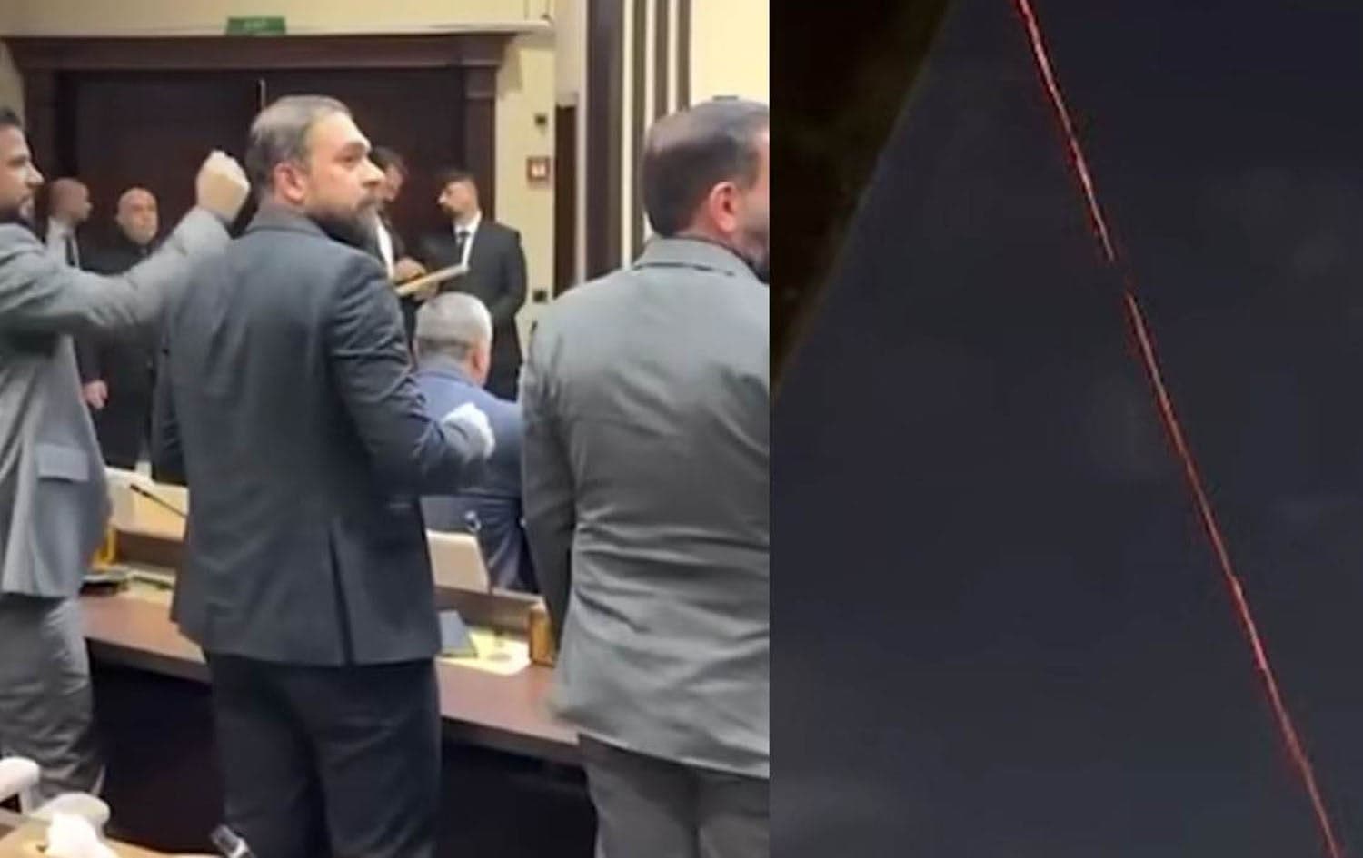 Iraqi lawmakers chant anti-US slogans (left) and air defense systems intercepting projectiles over Baghdad’s Green Zone (right) on March 7, 2026. Photos: Screengrab / Submitted