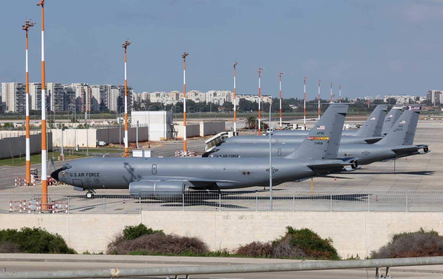US Air Force military aircraft are seen parked on the tarmac of the Ben Gurion airport near Tel Aviv on February 25, 2026. Photo: AFP