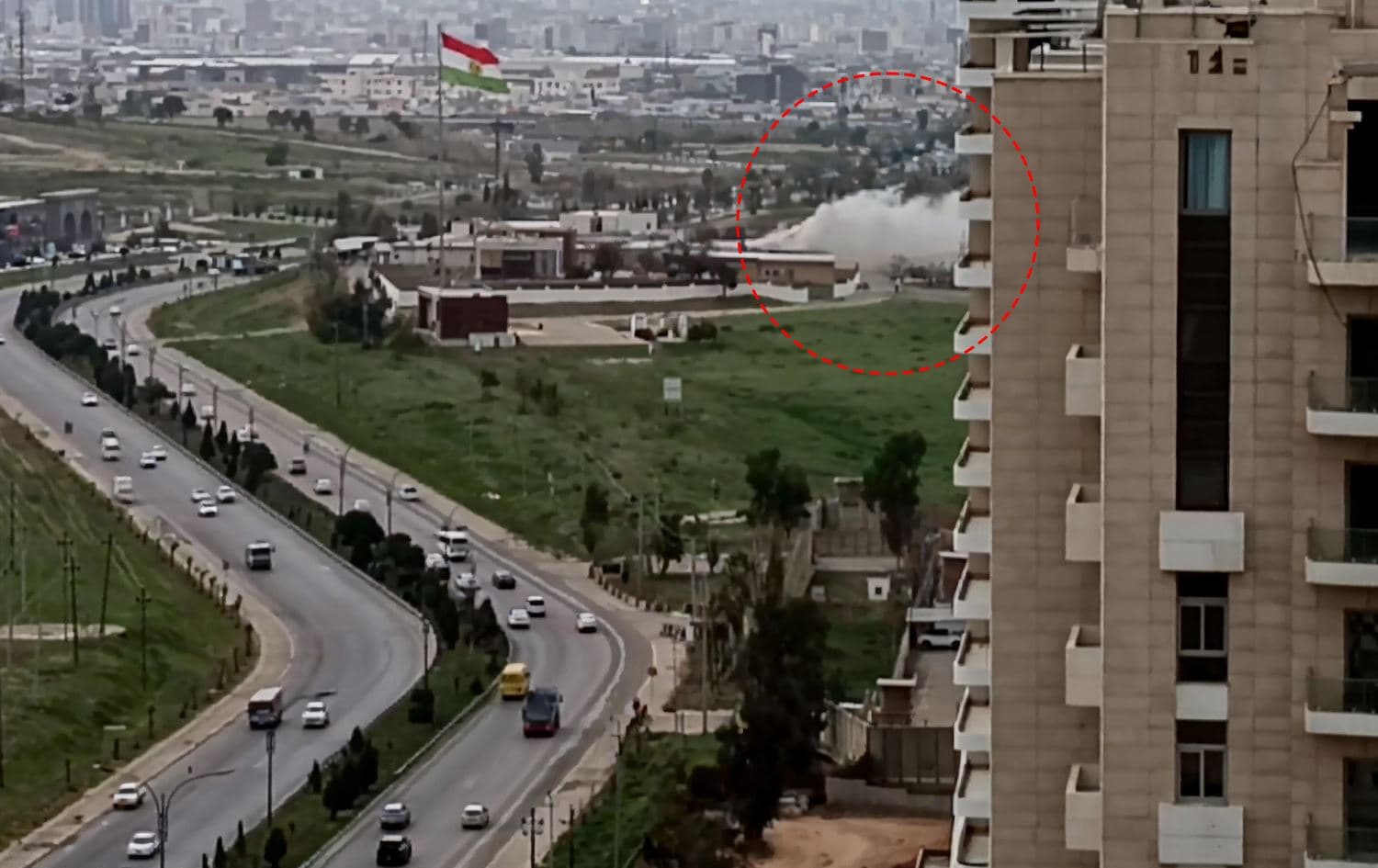 Image shows thick smoke rising from the UAE Consulate General building in Erbil following a drone attack on Saturday, March 14, 2026. Photo: Rudaw / screengrab.