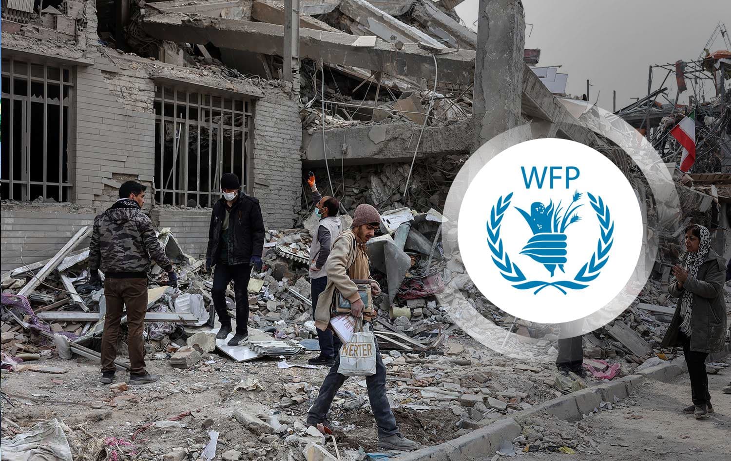 The aftermath of a US-Israeli airstrike in Tehran and WFP logo. Graphic: Rudaw