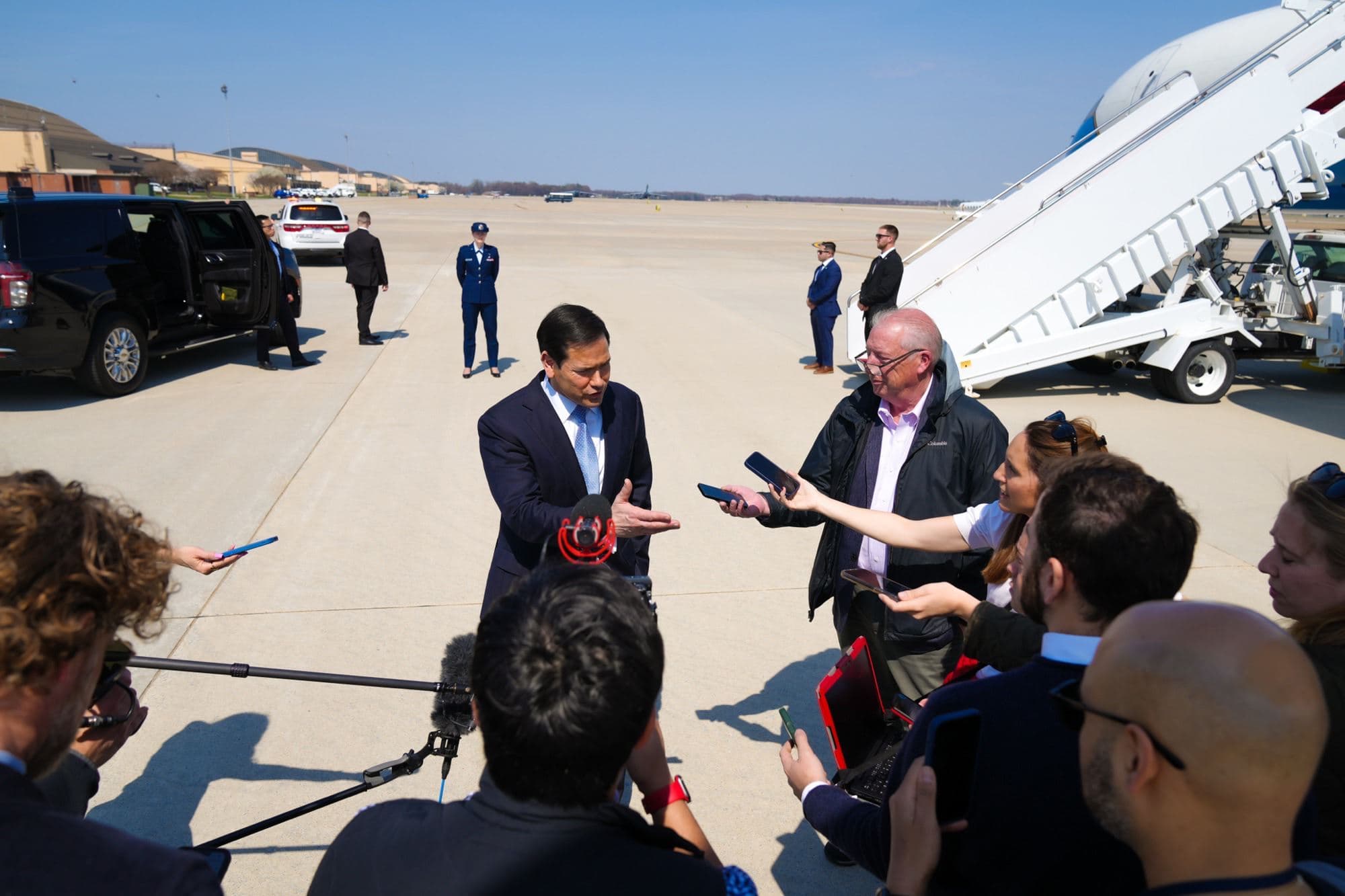 US Secretary of State Marco Rubio speaks to reporters before departing for France to attend the G7 meeting on March 27, 2026. Photo: SecRubio/X