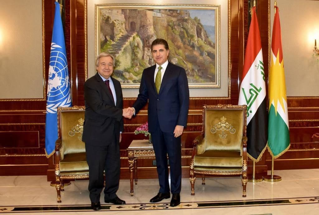 Kurdistan Region President Nechirvan Barzani welcomes the United Nations Secretary-General, Antonio Guterres, in Erbil on March 2, 2023. Photo: Kurdistan Region Presidency