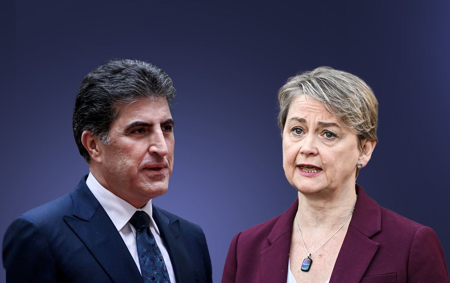 Kurdistan Region President Nechirvan Barzani (left) and Britain's Foreign Secretary Yvette Cooper. Graphic: Rudaw