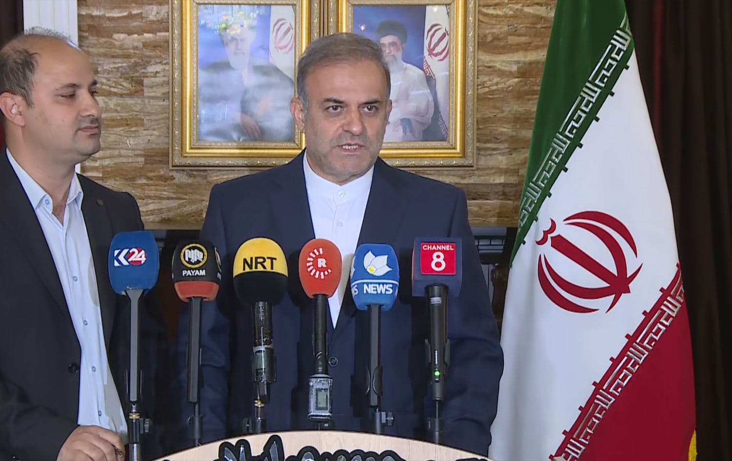 Iran’s new consul general in Sulaimani, Sayyid Mohammad Mir Hosseini, speaking during a presser on April 6, 2026. Photo: Screengrab / Rudaw