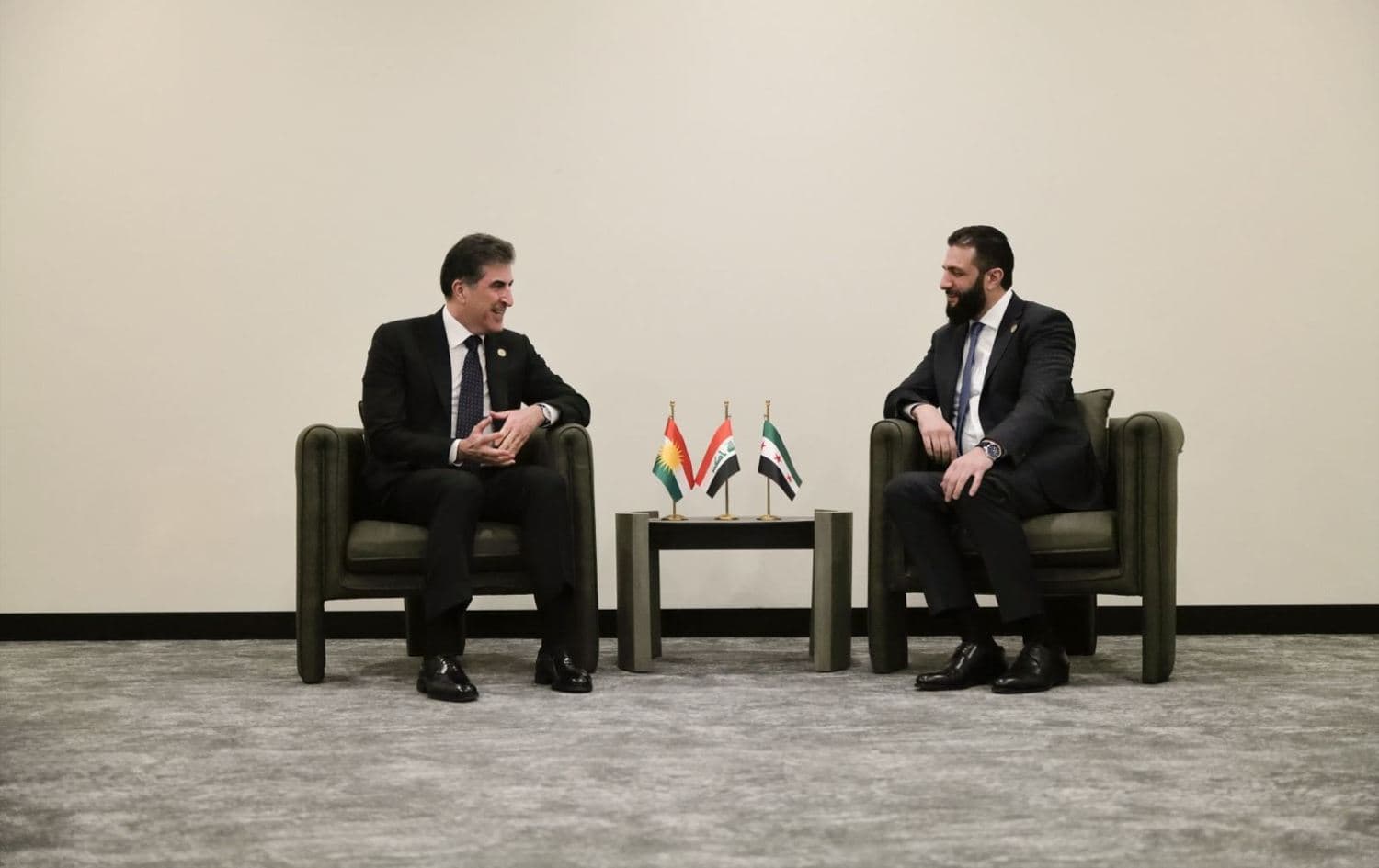 Kurdistan Region President Nechirvan Barzani (left) in a meeting with Syrian interim President Ahmed al-Sharaa for the first time in Turkey on April 11, 2025. Photo: Kurdistan Region Presidency