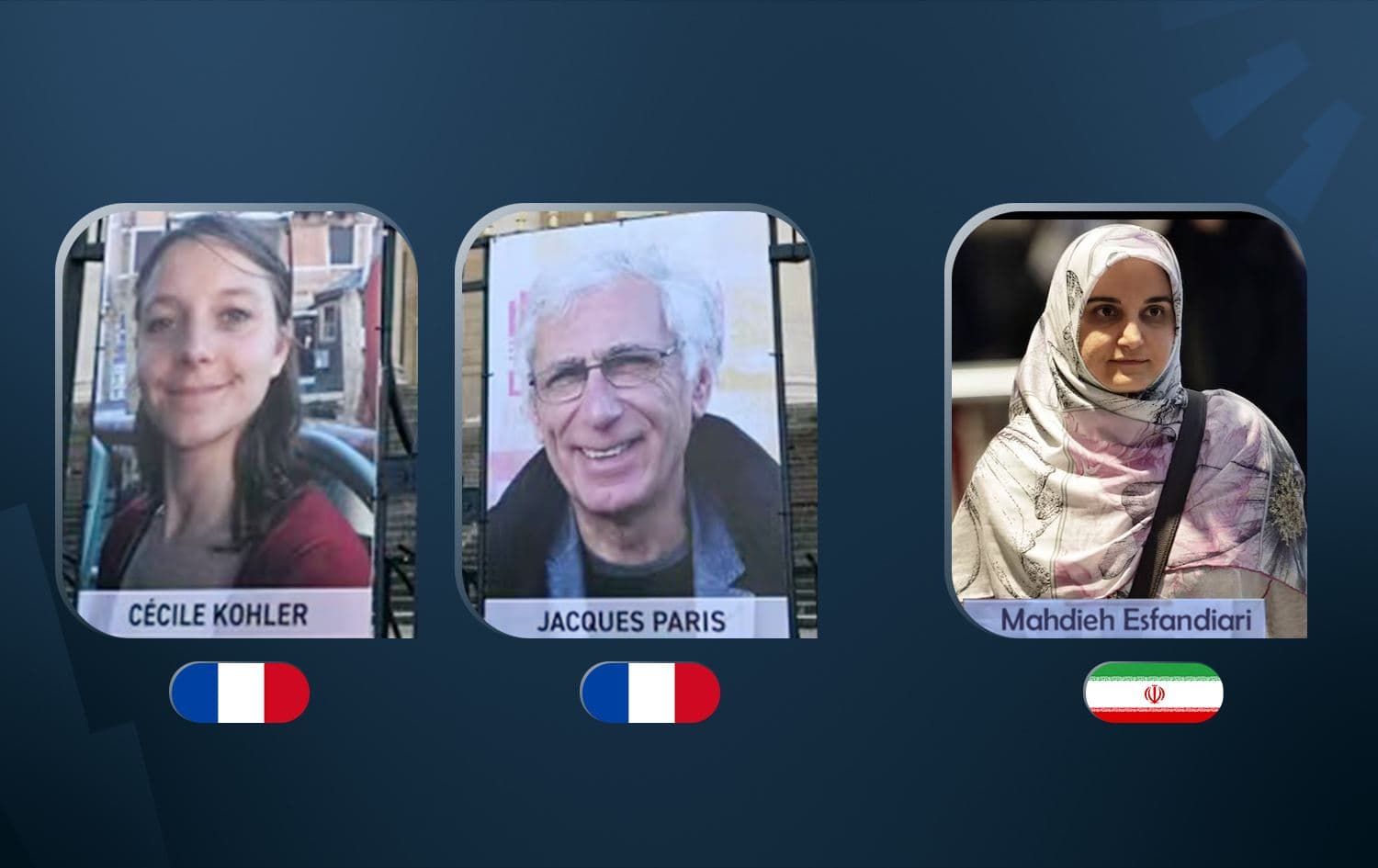 Left to Right: Cécile Kohler, Jacques Paris and Mahdieh Esfandiari. File photos: AFP; Graphic: Rudaw